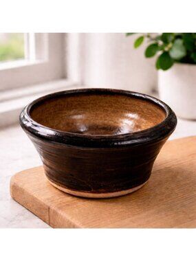 Handcrafted Vintage Stoneware Bowl Glossy Dark Brown Glaze Signed Base 5 Inch